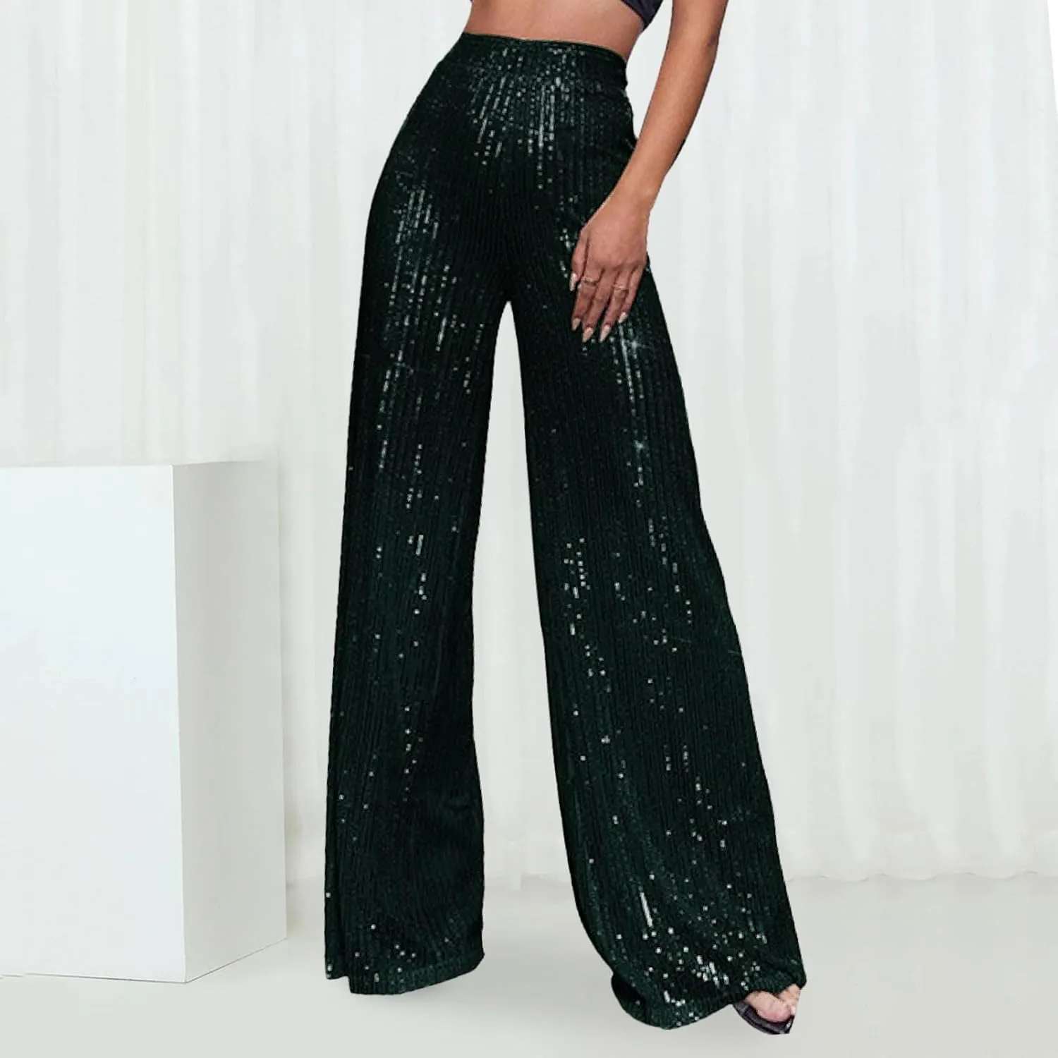 Womens Wide Leg Pants Elastic High Waist Sequin Sparkly Dance Pants Baggy Summer Fashion Baggy Palazzo Stretch Trousers