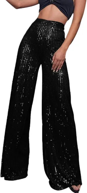 Womens Wide Leg Pants Elastic High Waist Sequin Sparkly Dance Pants Baggy Summer Fashion Baggy Palazzo Stretch Trousers