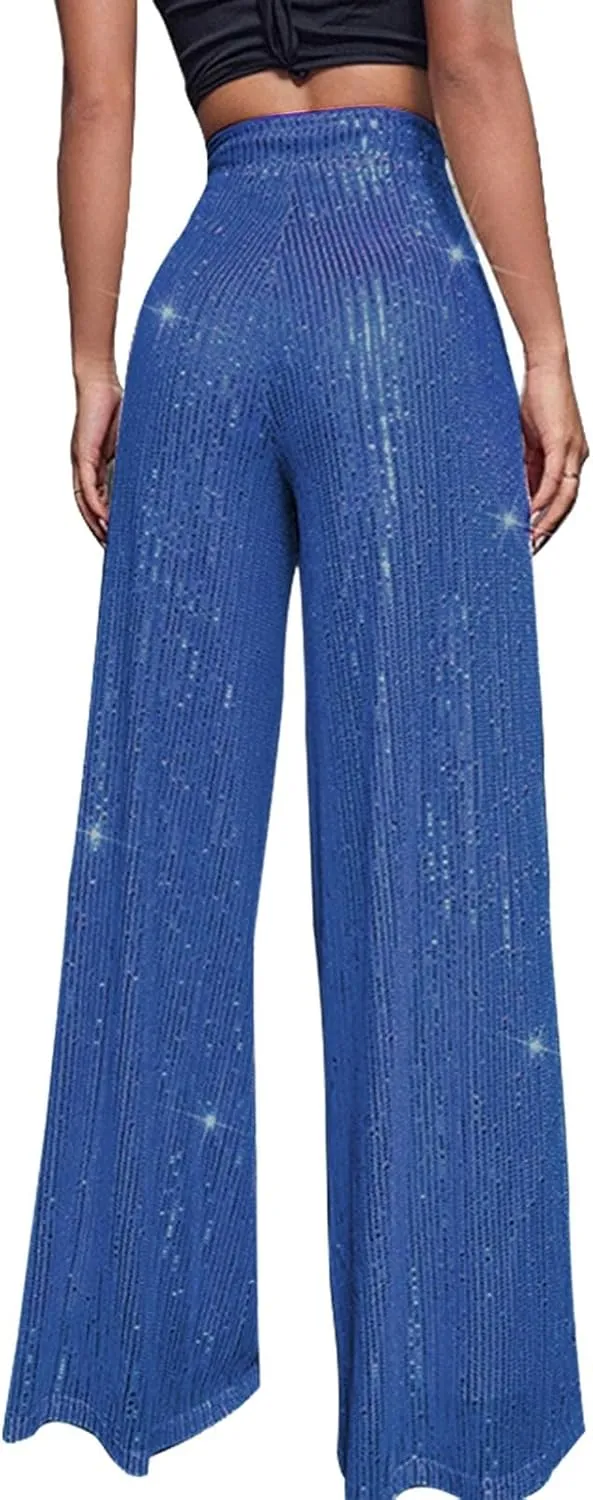 Womens Wide Leg Pants Elastic High Waist Sequin Sparkly Dance Pants Baggy Summer Fashion Baggy Palazzo Stretch Trousers