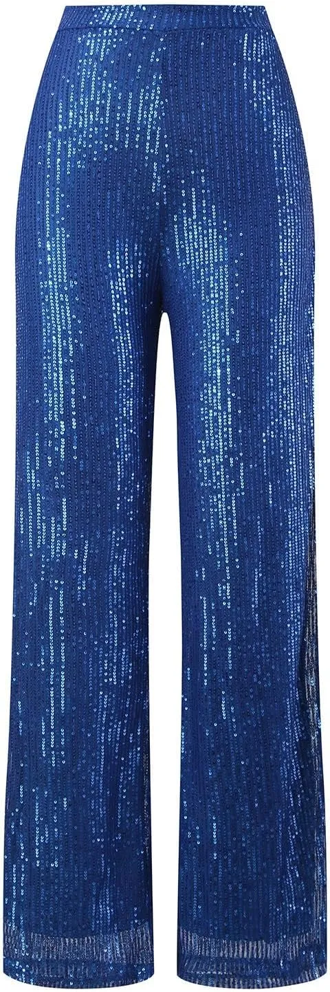 Womens Wide Leg Pants Elastic High Waist Sequin Sparkly Dance Pants Baggy Summer Fashion Baggy Palazzo Stretch Trousers