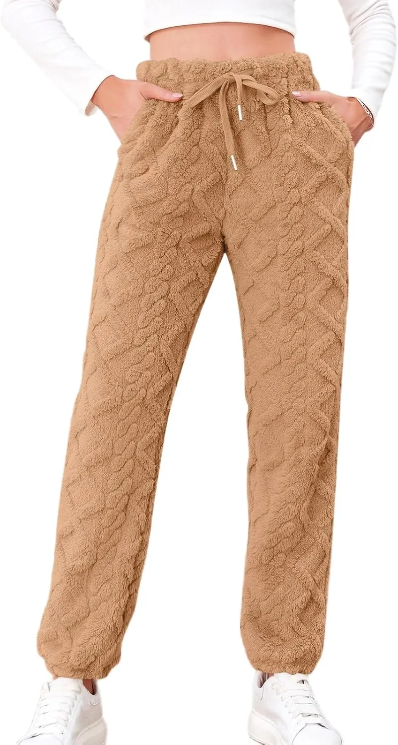 Women's Winter Warm Fleece Baggy Joggers Pants Sherpa Lined Sweatpants Jacquard Pajama Pants Plush Fuzzy Lounge Pants