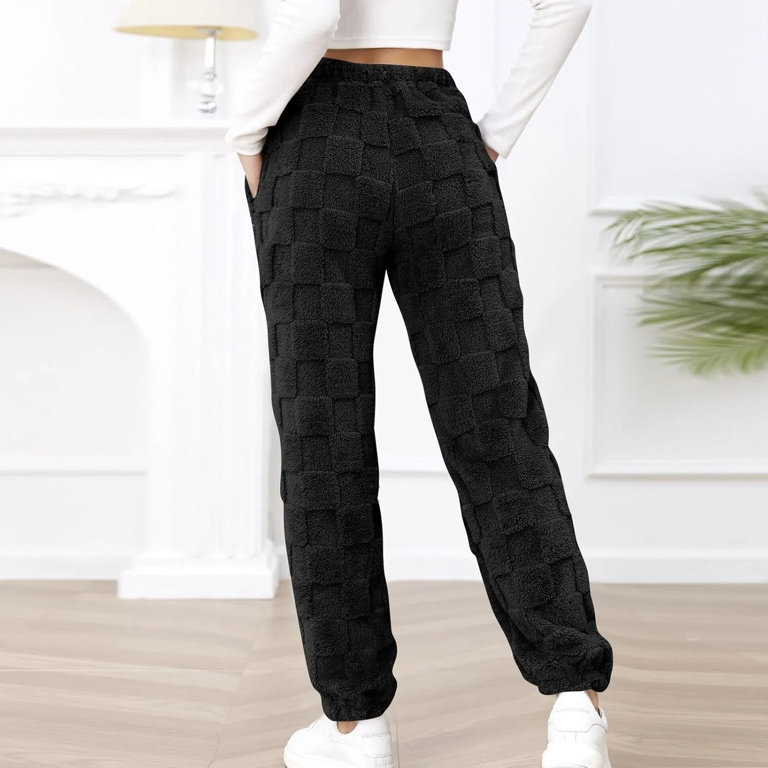 Women's Winter Warm Fleece Baggy Joggers Pants Sherpa Lined Sweatpants Jacquard Pajama Pants Plush Fuzzy Lounge Pants
