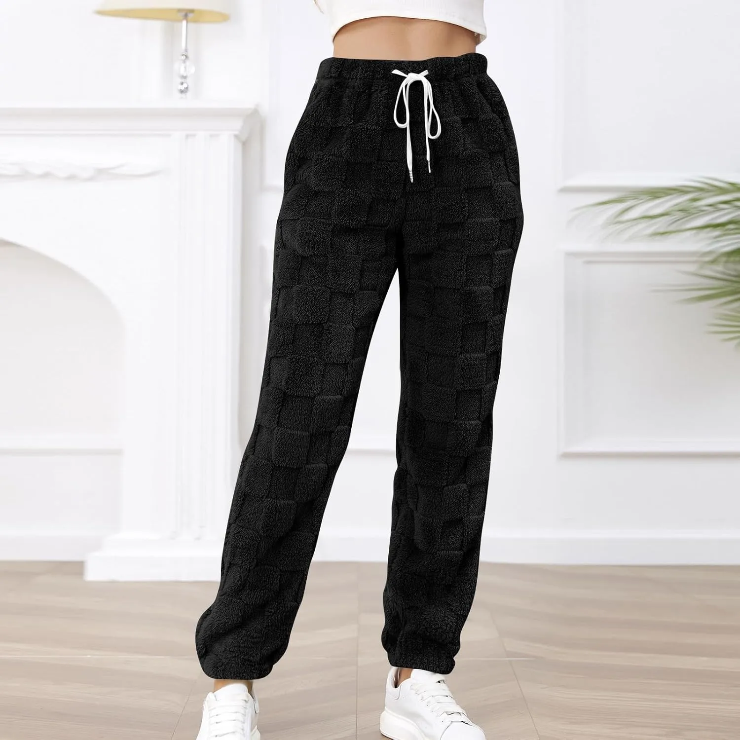 Women's Winter Warm Fleece Baggy Joggers Pants Sherpa Lined Sweatpants Jacquard Pajama Pants Plush Fuzzy Lounge Pants