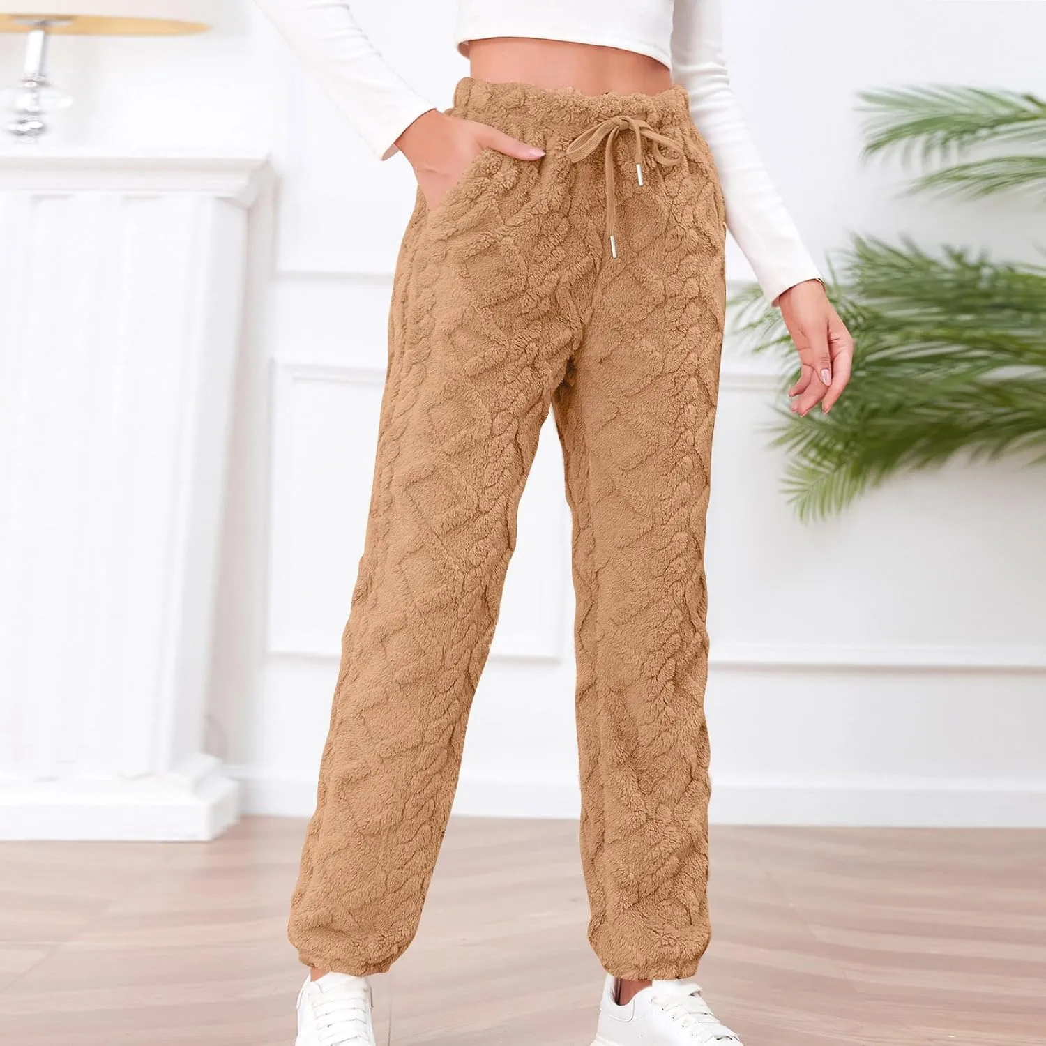 Women's Winter Warm Fleece Baggy Joggers Pants Sherpa Lined Sweatpants Jacquard Pajama Pants Plush Fuzzy Lounge Pants