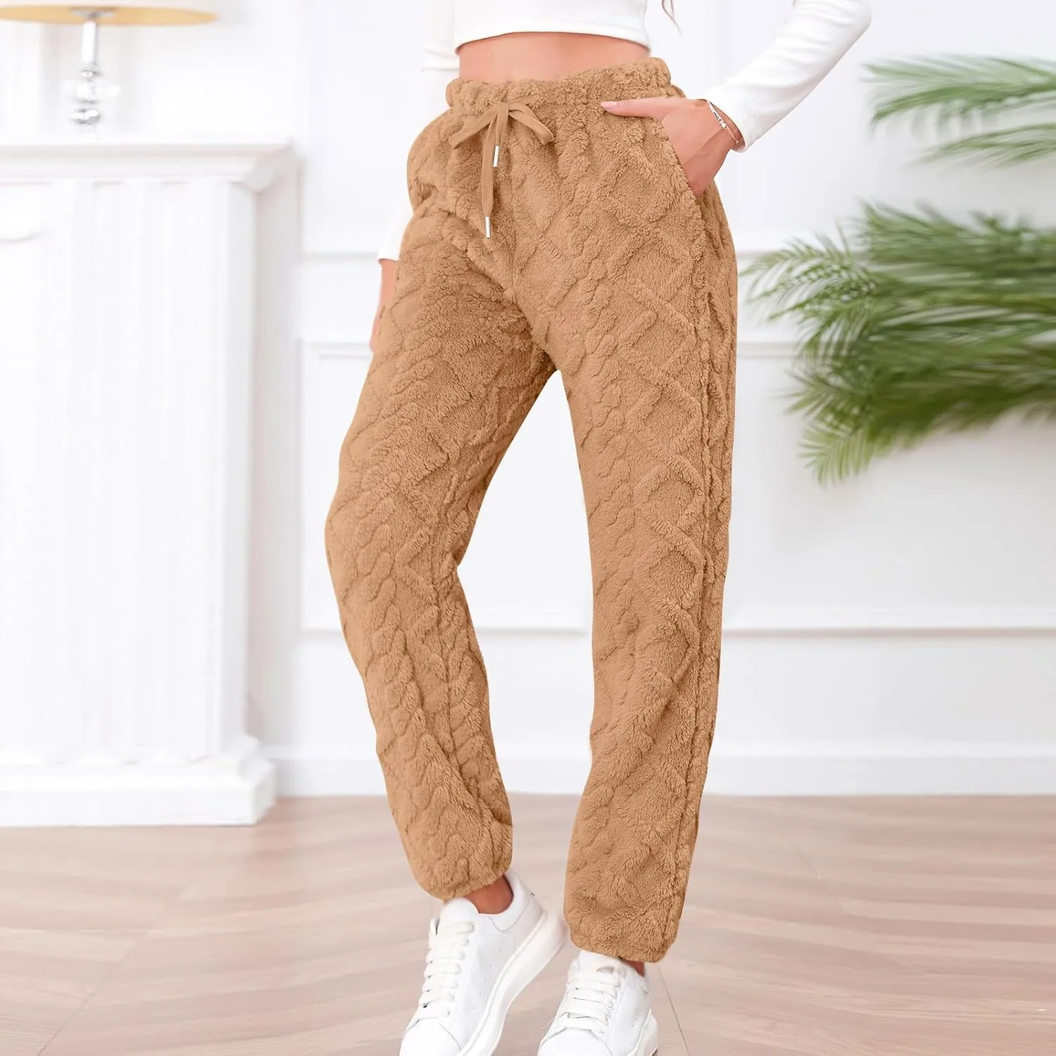 Women's Winter Warm Fleece Baggy Joggers Pants Sherpa Lined Sweatpants Jacquard Pajama Pants Plush Fuzzy Lounge Pants