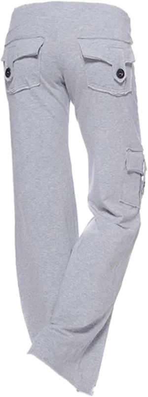 Womens Workout Out Leggings Stretchy Waist Yoga Gym Loose Pants with Multi Button Cargo Pockets Wide Leg