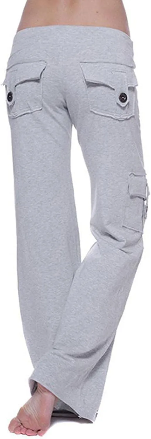 Womens Workout Out Leggings Stretchy Waist Yoga Gym Loose Pants with Multi Button Cargo Pockets Wide Leg