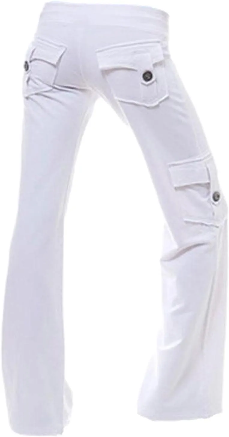 Womens Workout Out Leggings Stretchy Waist Yoga Gym Loose Pants with Multi Button Cargo Pockets Wide Leg