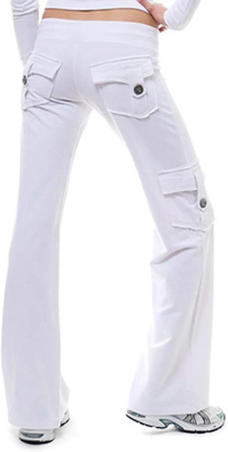 Womens Workout Out Leggings Stretchy Waist Yoga Gym Loose Pants with Multi Button Cargo Pockets Wide Leg