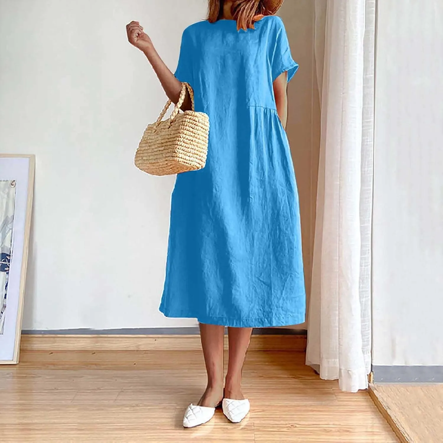 XUNRYAN Women Casual Loose Linen Cotton Dress Short Sleeve Crew Neck Solid Basic Midi Dresses Flowy A-Line Lounge Dresses