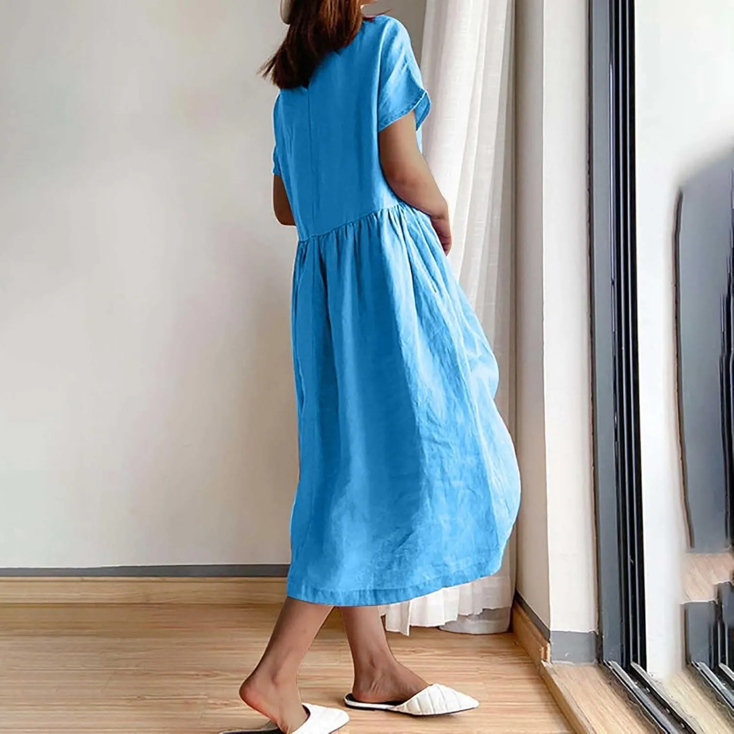 XUNRYAN Women Casual Loose Linen Cotton Dress Short Sleeve Crew Neck Solid Basic Midi Dresses Flowy A-Line Lounge Dresses