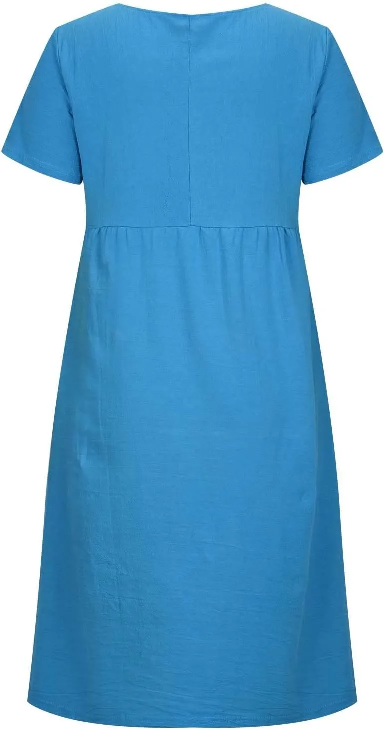 XUNRYAN Women Casual Loose Linen Cotton Dress Short Sleeve Crew Neck Solid Basic Midi Dresses Flowy A-Line Lounge Dresses