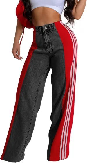 XZLUFNY Wide Leg Pants Women Jeans Comfortable High Waist Button Zipper Closure Loose Relaxed Fit Trousers (Black Red S)