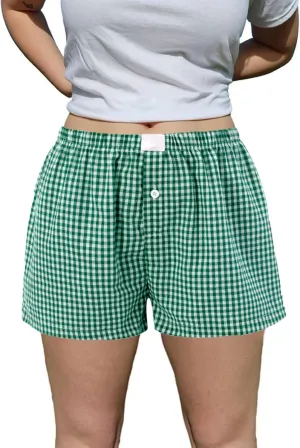 Y2k Plaid Boxer Shorts for Women Elastic Waist Lounge Shorts Button Front Ginghem Pajama Shorts Sleep Shorts