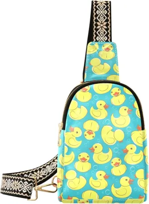 Yellow Rubber Duck Fanny Pack Crossbody PC Leather Small Sling Bag for Women Bubbles Fashion Waist Packs Chest Bag for Travel Sports Running Hiking