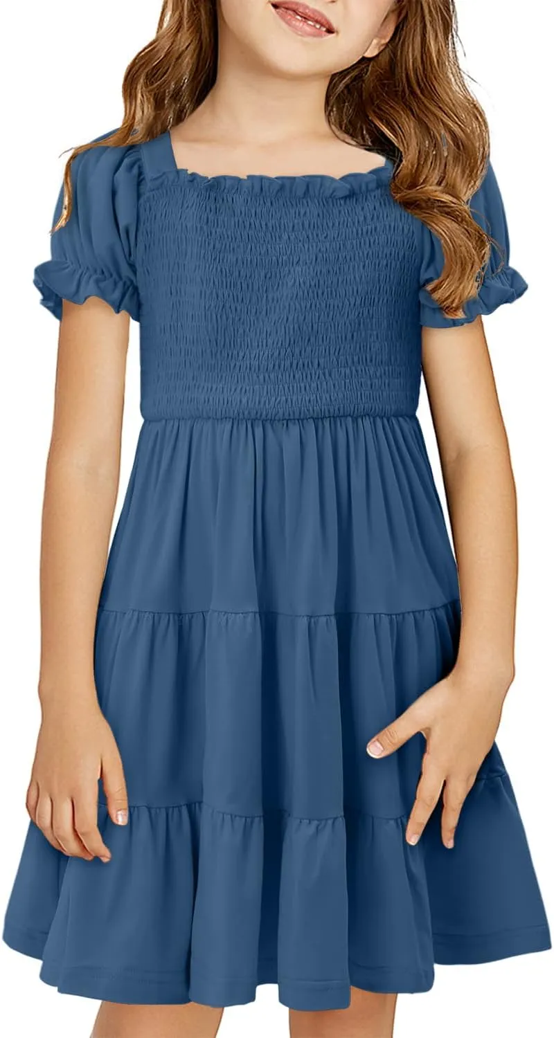 Yoklass Girls Casual Smocked Dress Square Neck Puff Short Sleeve Ruffle Dresses 4-13 Years