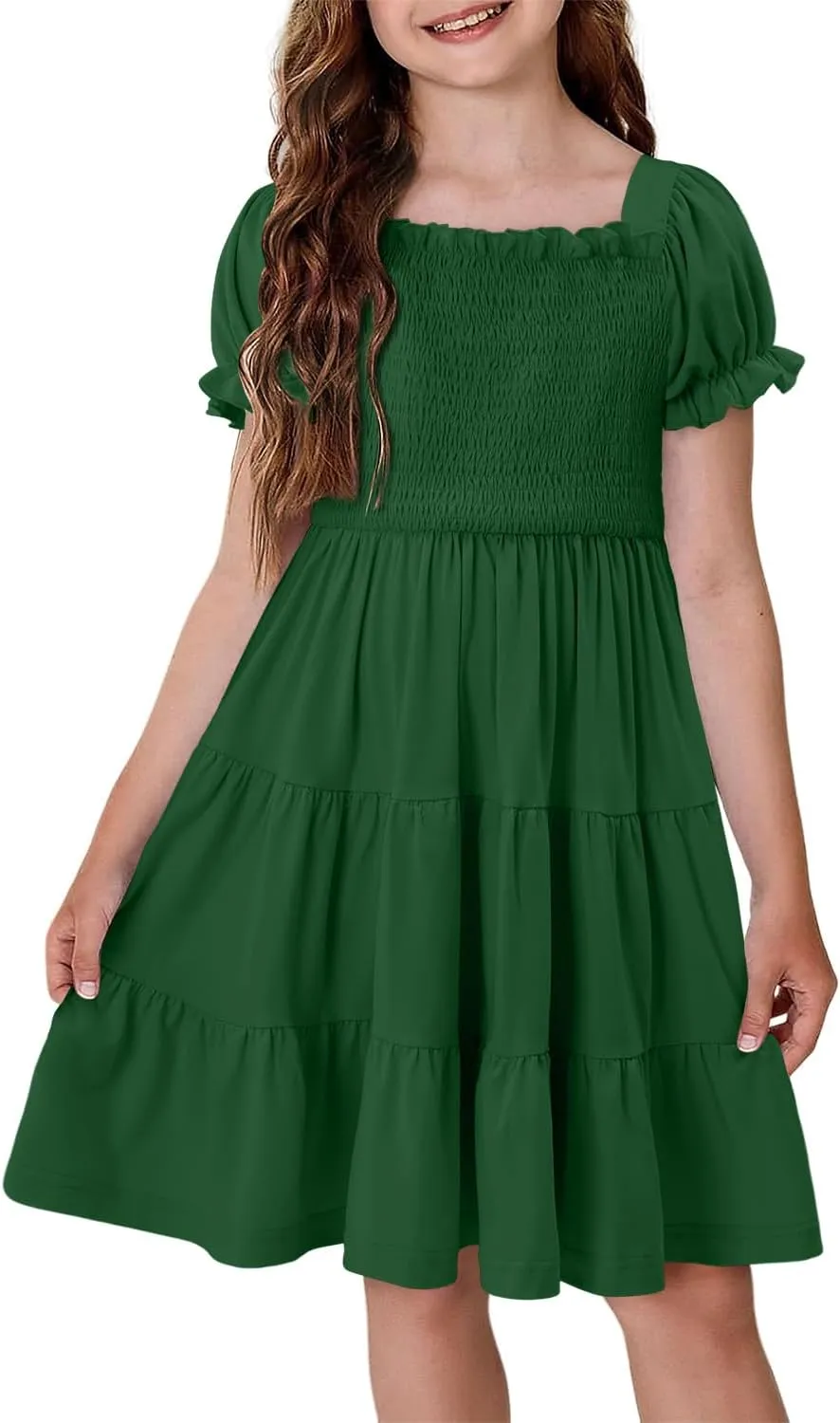 Yoklass Girls Casual Smocked Dress Square Neck Puff Short Sleeve Ruffle Dresses 4-13 Years