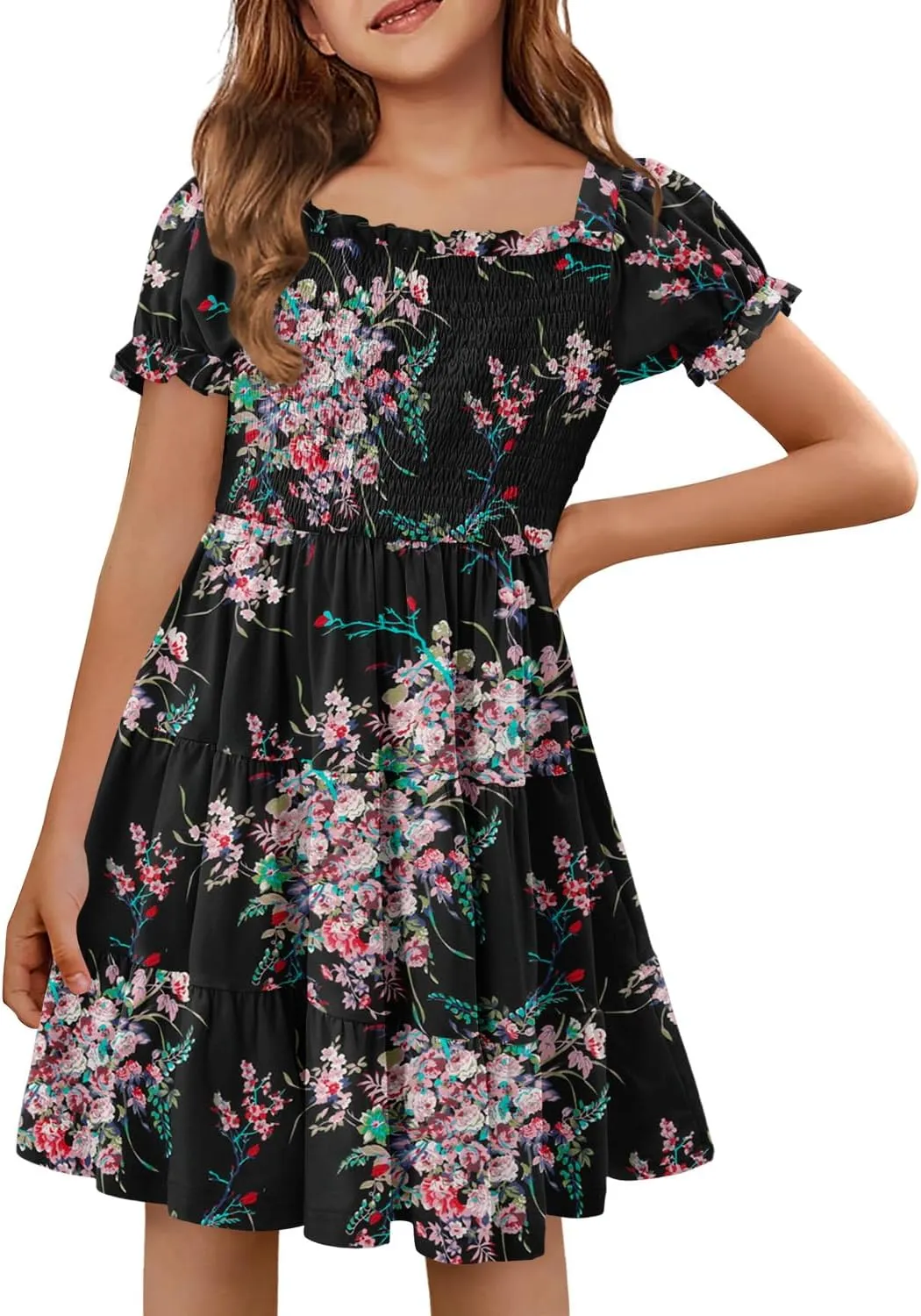 Yoklass Girls Casual Smocked Dress Square Neck Puff Short Sleeve Ruffle Dresses 4-13 Years