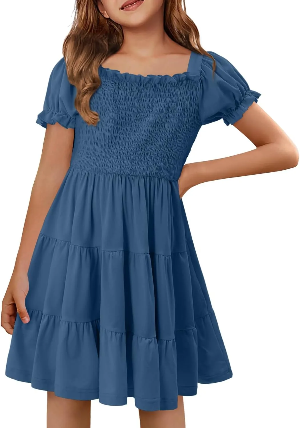 Yoklass Girls Casual Smocked Dress Square Neck Puff Short Sleeve Ruffle Dresses 4-13 Years