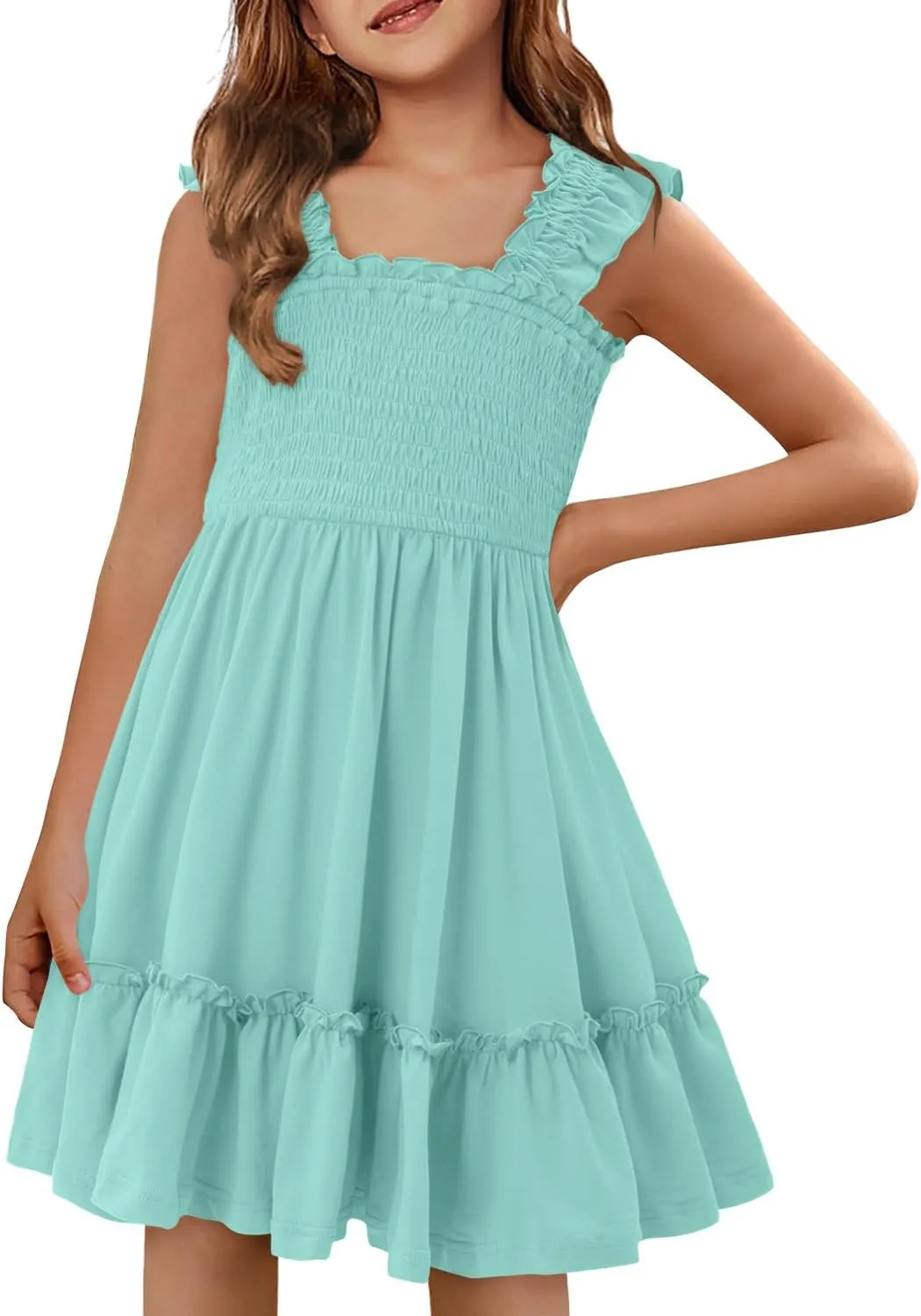 Yoklass Girls Casual Smocked Dress Square Neck Puff Short Sleeve Ruffle Dresses 4-13 Years