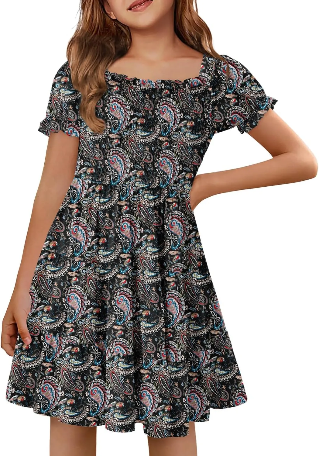 Yoklass Girls Casual Smocked Dress Square Neck Puff Short Sleeve Ruffle Dresses 4-13 Years