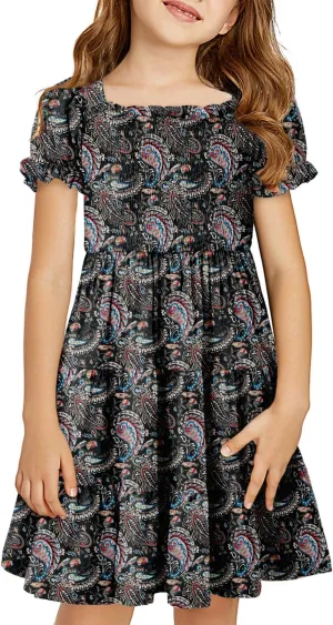 Yoklass Girls Casual Smocked Dress Square Neck Puff Short Sleeve Ruffle Dresses 4-13 Years