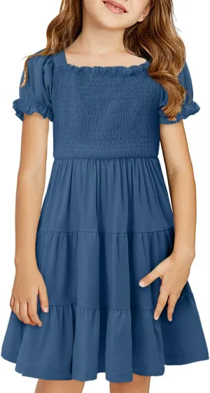 Yoklass Girls Casual Smocked Dress Square Neck Puff Short Sleeve Ruffle Dresses 4-13 Years
