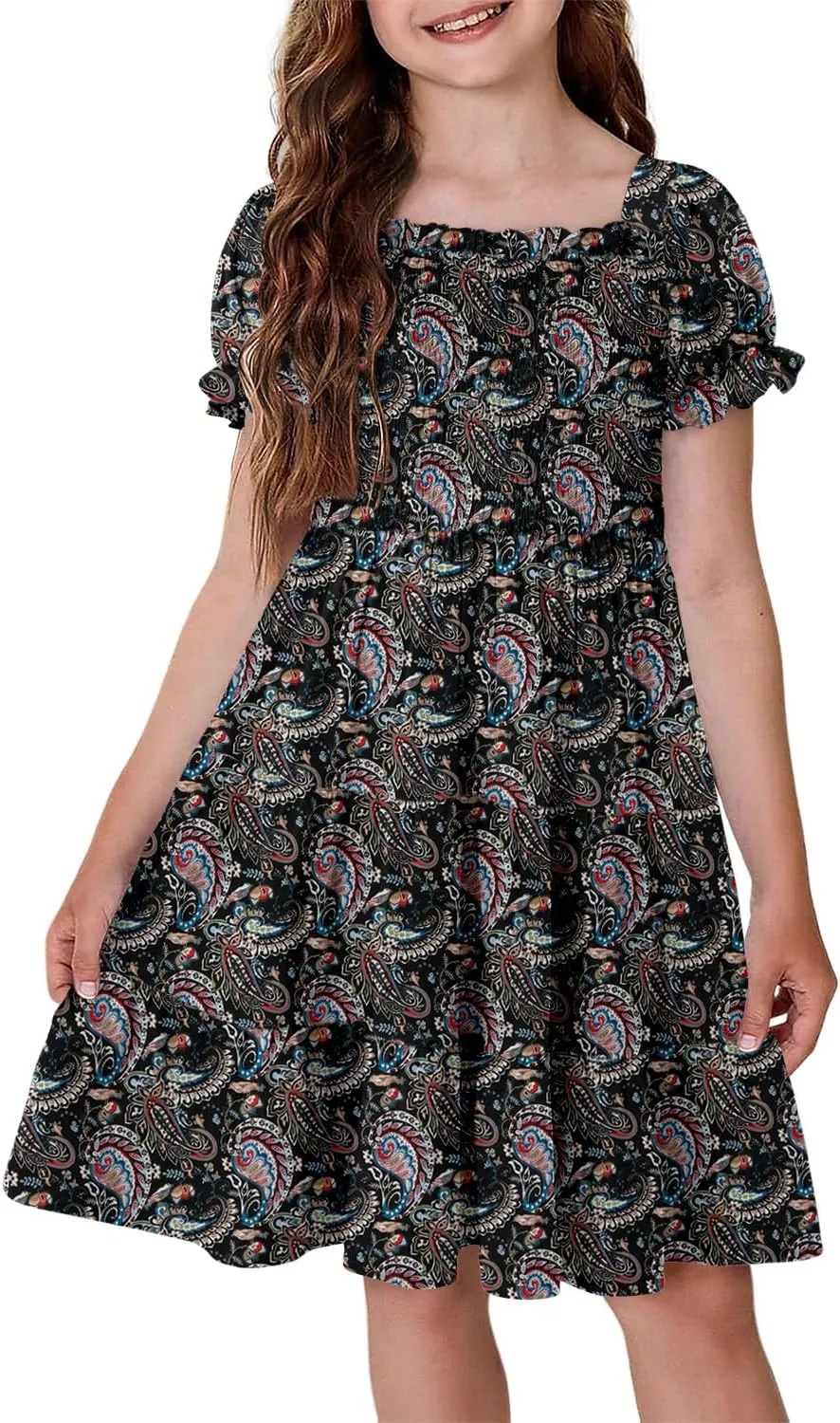 Yoklass Girls Casual Smocked Dress Square Neck Puff Short Sleeve Ruffle Dresses 4-13 Years