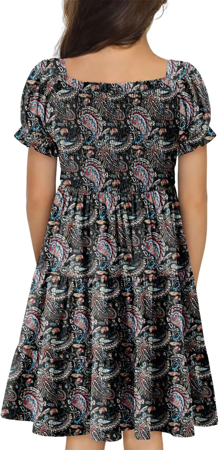 Yoklass Girls Casual Smocked Dress Square Neck Puff Short Sleeve Ruffle Dresses 4-13 Years