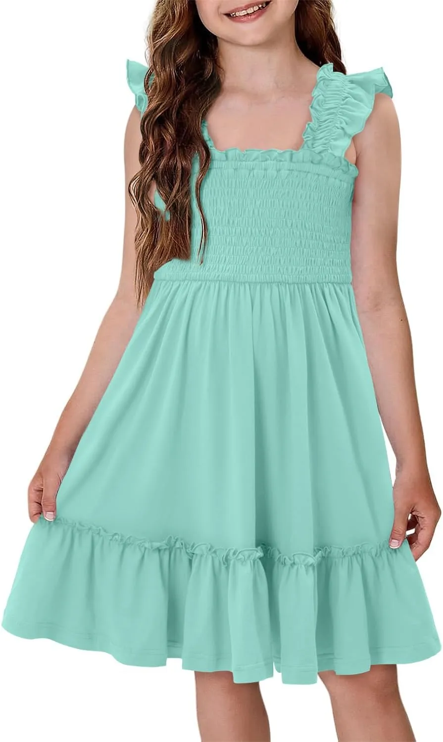 Yoklass Girls Casual Smocked Dress Square Neck Puff Short Sleeve Ruffle Dresses 4-13 Years