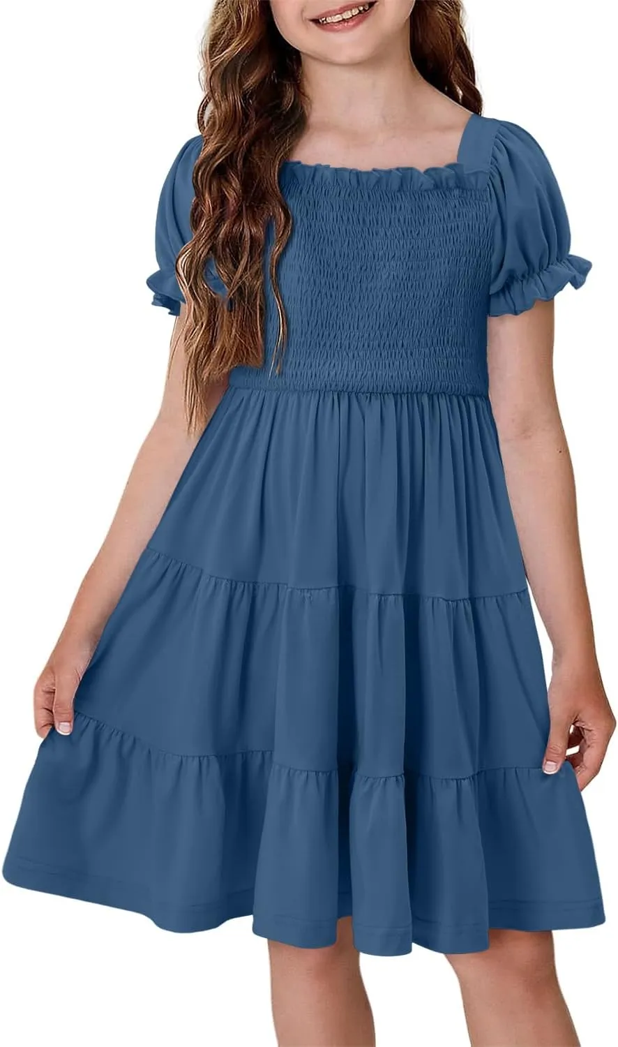 Yoklass Girls Casual Smocked Dress Square Neck Puff Short Sleeve Ruffle Dresses 4-13 Years