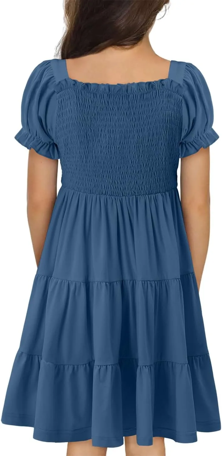 Yoklass Girls Casual Smocked Dress Square Neck Puff Short Sleeve Ruffle Dresses 4-13 Years