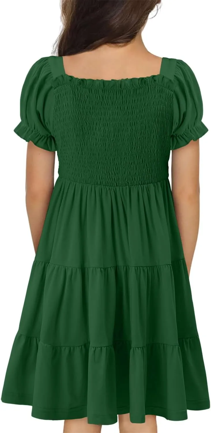 Yoklass Girls Casual Smocked Dress Square Neck Puff Short Sleeve Ruffle Dresses 4-13 Years