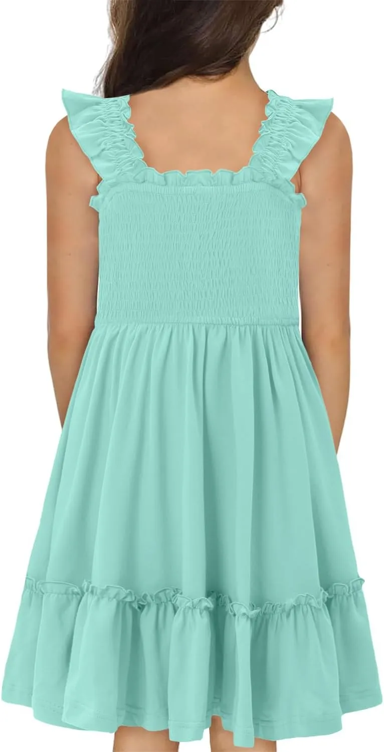 Yoklass Girls Casual Smocked Dress Square Neck Puff Short Sleeve Ruffle Dresses 4-13 Years