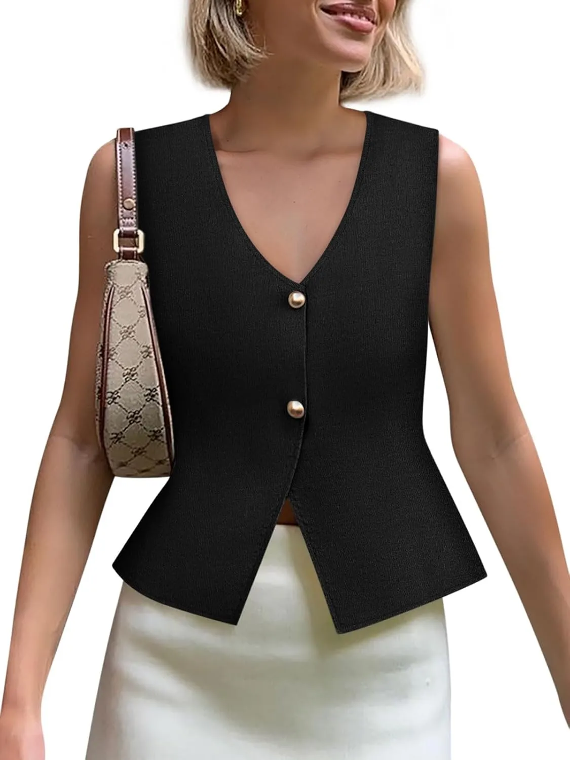 Yousify Womens Sweater Vest V Neck Button Down Crop Knit Tank Top Fashion 2025 Sleeveless Basic Cardigans