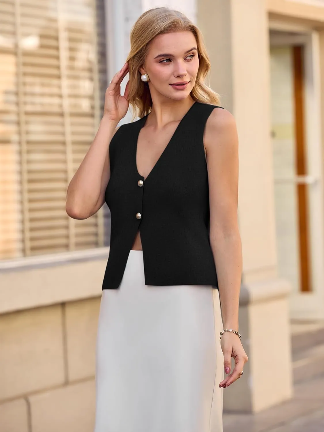 Yousify Womens Sweater Vest V Neck Button Down Crop Knit Tank Top Fashion 2025 Sleeveless Basic Cardigans