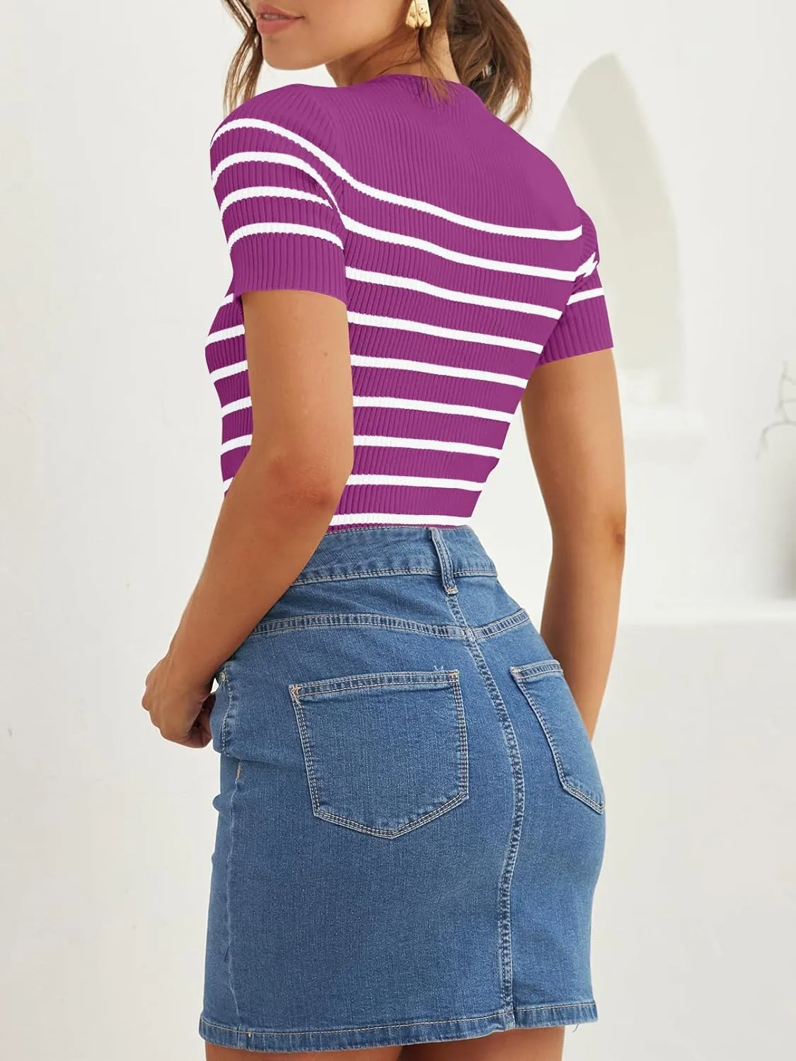 ZESICA Women's Short Sleeve Crewneck Striped T Shirt 2025 Summer Ribbed Knit Slim Fit Casual Basic Tee Tops