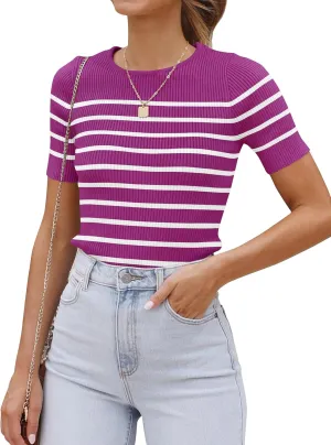 ZESICA Women's Short Sleeve Crewneck Striped T Shirt 2025 Summer Ribbed Knit Slim Fit Casual Basic Tee Tops