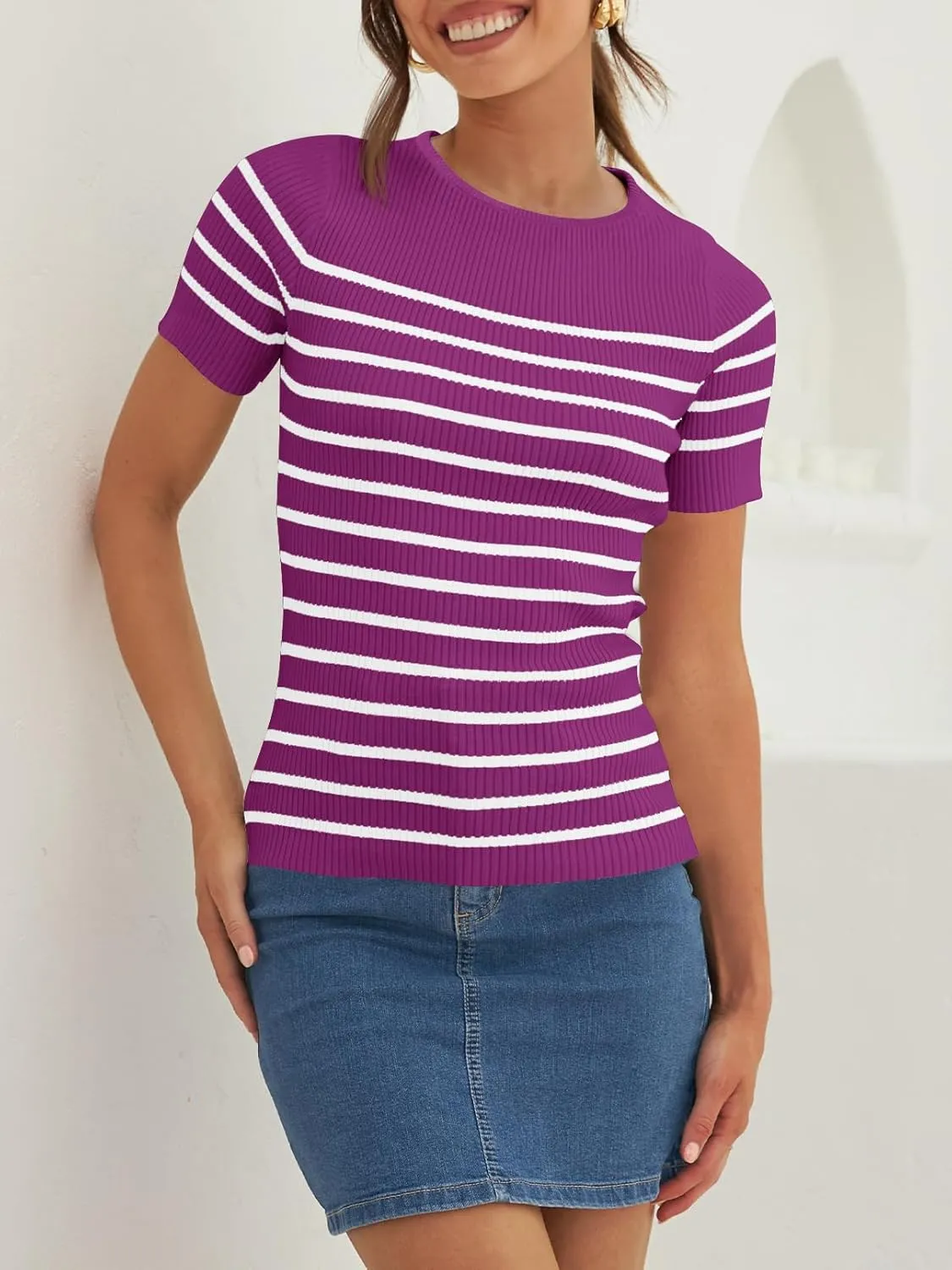 ZESICA Women's Short Sleeve Crewneck Striped T Shirt 2025 Summer Ribbed Knit Slim Fit Casual Basic Tee Tops