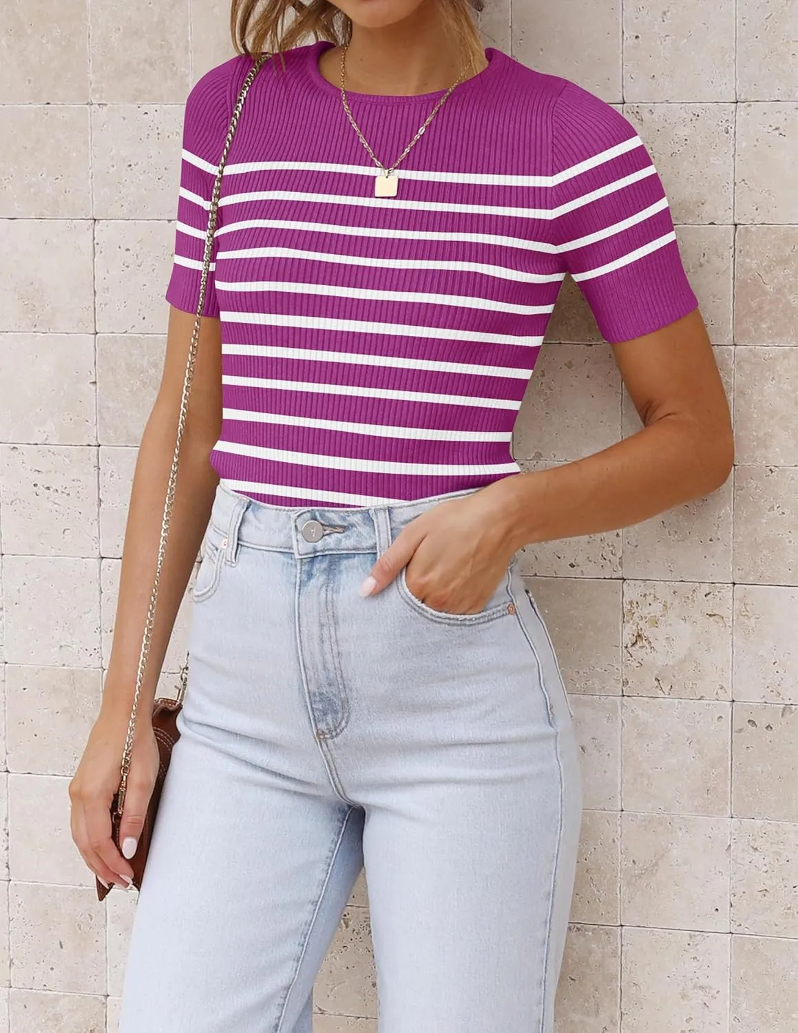 ZESICA Women's Short Sleeve Crewneck Striped T Shirt 2025 Summer Ribbed Knit Slim Fit Casual Basic Tee Tops
