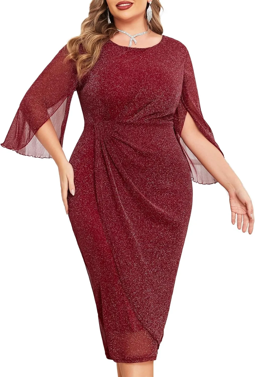 ZOMVA Womens Plus Size Mesh Cocktail Dress Petal 3/4 Sleeve Round Neck Wedding Guest Party Midi Dresses