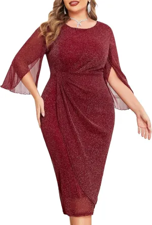 ZOMVA Womens Plus Size Mesh Cocktail Dress Petal 3/4 Sleeve Round Neck Wedding Guest Party Midi Dresses