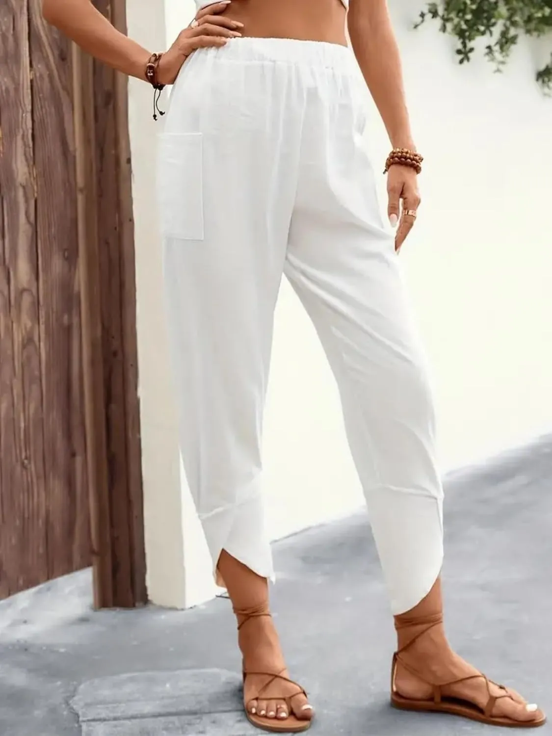 ZWRXW Womens Linen Pants Casual Loose Wide Leg Lounge Pants Elastic High Waist Beach Trousers Ankle Length Pants with Pockets