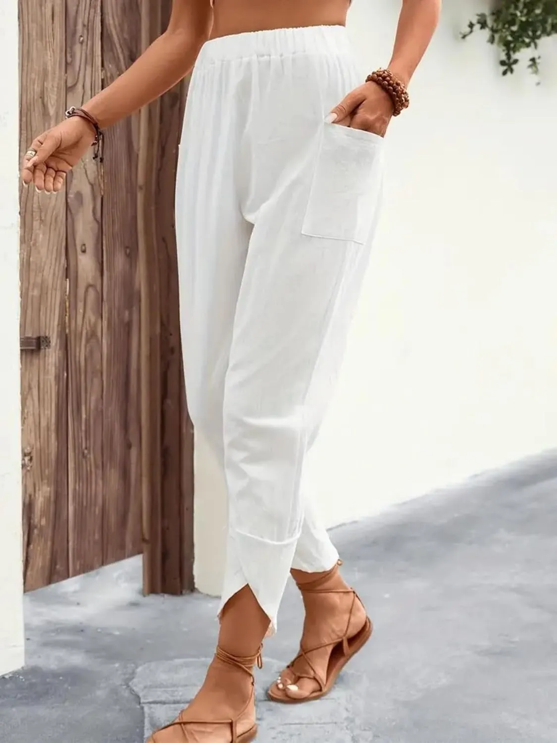 ZWRXW Womens Linen Pants Casual Loose Wide Leg Lounge Pants Elastic High Waist Beach Trousers Ankle Length Pants with Pockets