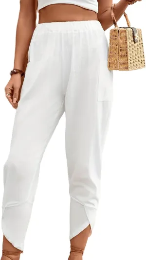 ZWRXW Womens Linen Pants Casual Loose Wide Leg Lounge Pants Elastic High Waist Beach Trousers Ankle Length Pants with Pockets