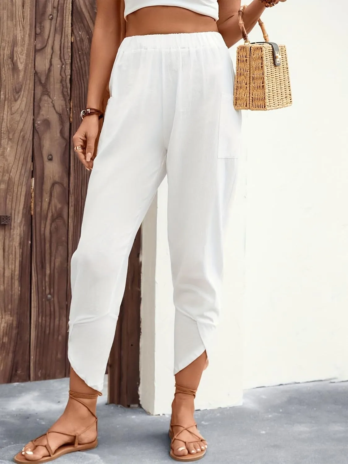 ZWRXW Womens Linen Pants Casual Loose Wide Leg Lounge Pants Elastic High Waist Beach Trousers Ankle Length Pants with Pockets